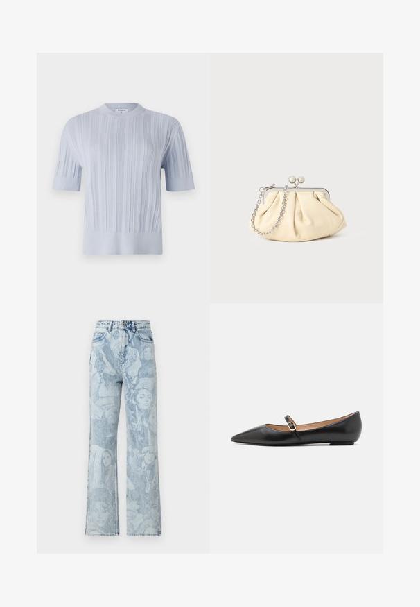 Světle modrý pletený top s krátkým rukávem, který má vertikální žebrovanou texturu a kulatý výstřih. Tkanina vykazuje jemné detaily s přiléhavým lemem.; Světle modré džíny z denimu s vysokým pasem a jemně vybledlými obličeji potisknutými po celé látce, rovný střih nohavic, zapínání na knoflík a zip.; Černé kožené baleríny s špičatou špičkou a bočním páskem, který má kulatý zlatý akcent. Lehká konstrukce s plochou podrážkou.; Plisovaná béžová kožená kabelka na psaní s rámem ze stříbrného kovu, vybavená dvěma kulatými dekorativními uzávěry a stříbrným řetízkem.