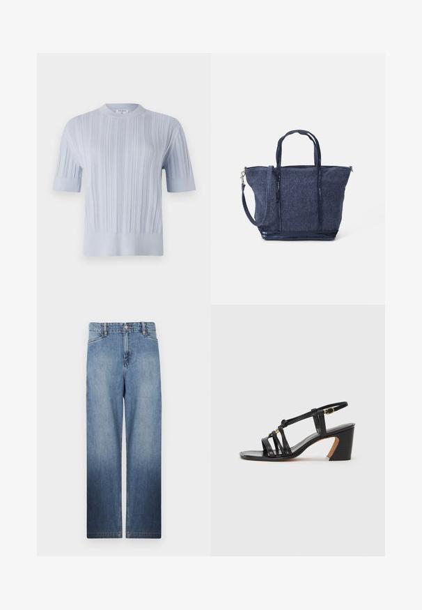 Lichtblauw, kort mouwend, gebreid topje met verticale ribbelstructuur en een ronde halslijn. De stof vertoont subtiele details met een fitted zoom.; Lichtblauwe spijkerbroek met rechte pijpen, een vervagingseffect, vijf zakken en een metalen knoopsluiting bij de taille.; Paul Smith AMIRA - Klassieke pumps - black; Marine denim totebag met dubbele handvatten, afneembare schouderriem, ritsafsluiting en textuurafwerking; heeft een gestructureerd, ruim ontwerp.
