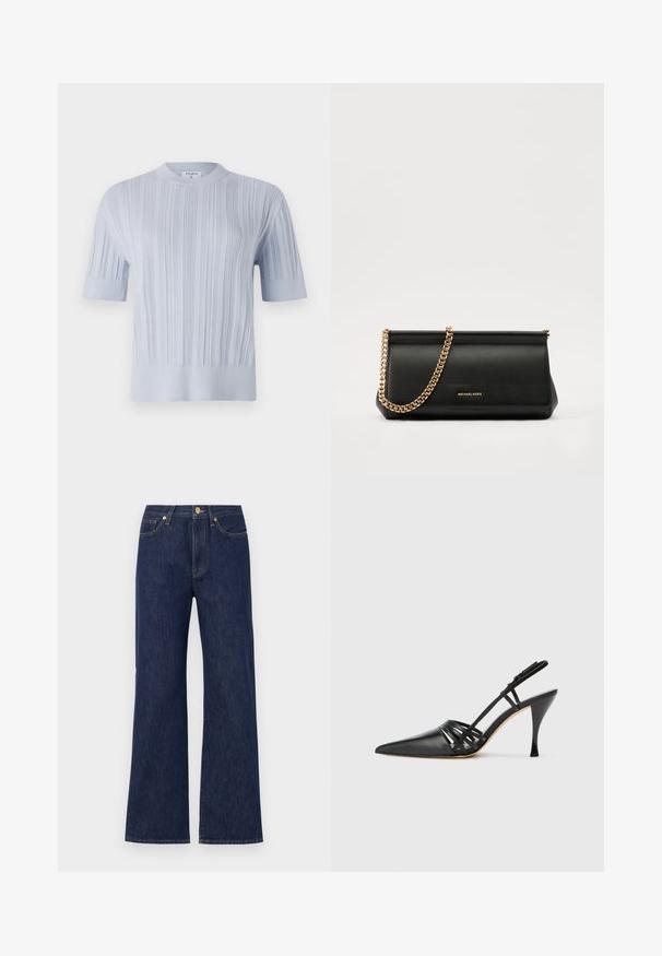 Világoskék, rövid ujjú kötött felső, függőleges bordázott textúrával és kerek nyakkivágással. Az anyag finom részletezéssel rendelkezik, és váltott szegéllyel zárul.; Sötétkék, bőszárú farmernadrág. Gombos záródással, elülső zsebekkel és kontrasztos varrással rendelkezik. Tiszta, klasszikus dizájn.; Fekete bőr magassarkú slingback cipő, hegyes orral, keresztbe fonott pántos dizájnnal és vékony tűs sarkakkal. Sima felület és minimális díszítés.; Fekete bőr kisméretű táska arany lánccal, sima felülettel, téglalap alakú, és dombornyomott márkázással az elején.