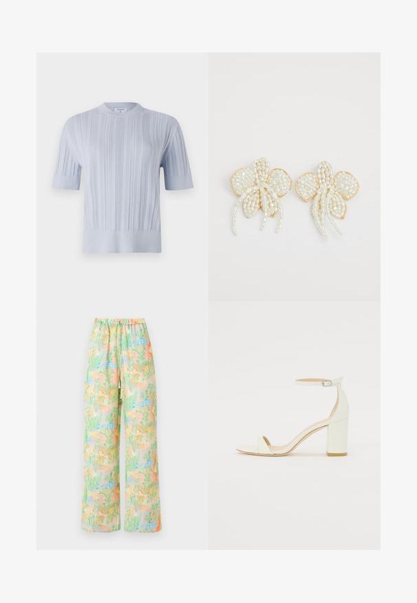 Lichtblauw, kort mouwend, gebreid topje met verticale ribbelstructuur en een ronde halslijn. De stof vertoont subtiele details met een fitted zoom.; Wijdvallende broeken in een lichte stof met een pastelpatroon van vissen en planten. Elastische taille met een trekkoorddetail.; Witte leren sandaal met blokhak, voorzien van een enkelsluitsel met een gesp en een minimalistisch design. Open teen en gladde texturen overal.; Parel bloem oorbellen met gouden accenten. Elke bloemblad bevat kleine, ronde parels in een bloemontwerp, met hangende pareldetails.