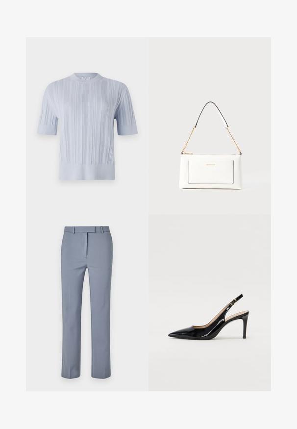 Hele sinine lühikese varrukaga kootud pehme pluus, millel on vertikaalne sooniline tekstuur ja ümmargune kaelus. Kanga peal on peeneid detaile ning pluusi alläär on vormitud.; Heledad sinised püksid, mis on valmistatud siledast kangast, omavad sileda esiosa disaini, vöökohakummide ja täpset lõiget otse jalgadele.; Must hõbedavärvi patendiga slingback kontsakingad terava varbaga, kitsas konts ja peene lõikega disain. Statistika on kuldne pandla rihmal.; Valge nahast kott tekstureeritud viimistlusega, millel on kuldne kettling ja mustad aktsendid. Include eesmine tasku ja tõmblukk.