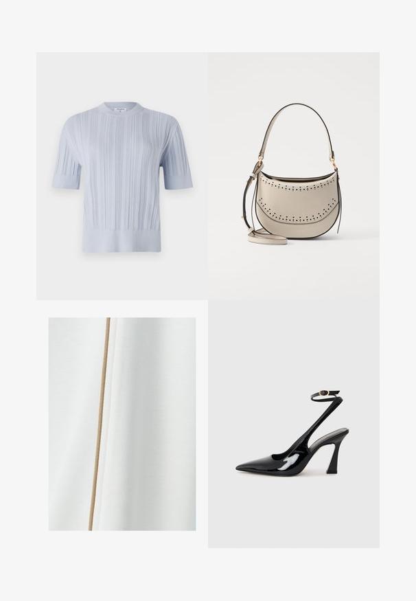 Lichtblauw, kort mouwend, gebreid topje met verticale ribbelstructuur en een ronde halslijn. De stof vertoont subtiele details met een fitted zoom.; Witte stof met een gladde textuur en een beige accentlijn die verticaal langs één kant loopt.; Zwarte gepatenteerde leren slingback pumps met een spitse neus, verstelbare enkelband en een gematigd blokhak. Gladde textuur met een glanzende afwerking.; Vanessa Bruno MINI DAILY BAG - Handtas - ivoire