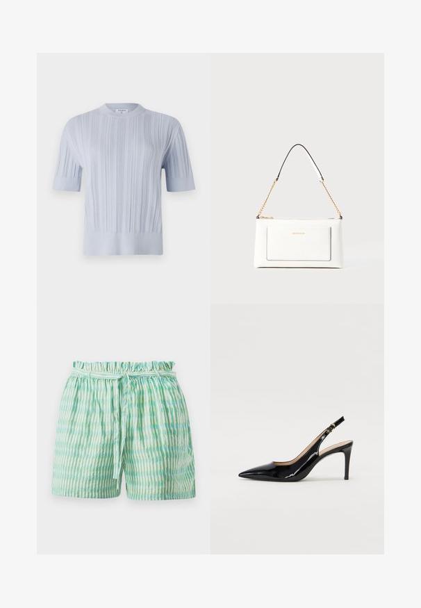 Világoskék, rövid ujjú kötött felső, függőleges bordázott textúrával és kerek nyakkivágással. Az anyag finom részletezéssel rendelkezik, és váltott szegéllyel zárul.; Könnyű, rövidnadrág, rugalmas, ráncolt derékkal, zöld és fehér váltakozó függőleges csíkokkal, kötős övvel.; Fekete lakk bőr kötött magassarkú cipő, hegyes orral és karcsú sarokkal, finom kivágásos dizájnnal. Az övön arany csatt található.; Fehér bőr kézitáska, texturált felülettel, arany lánccal és fekete részletekkel. Elülső zsebbel és cipzáros zárással rendelkezik.