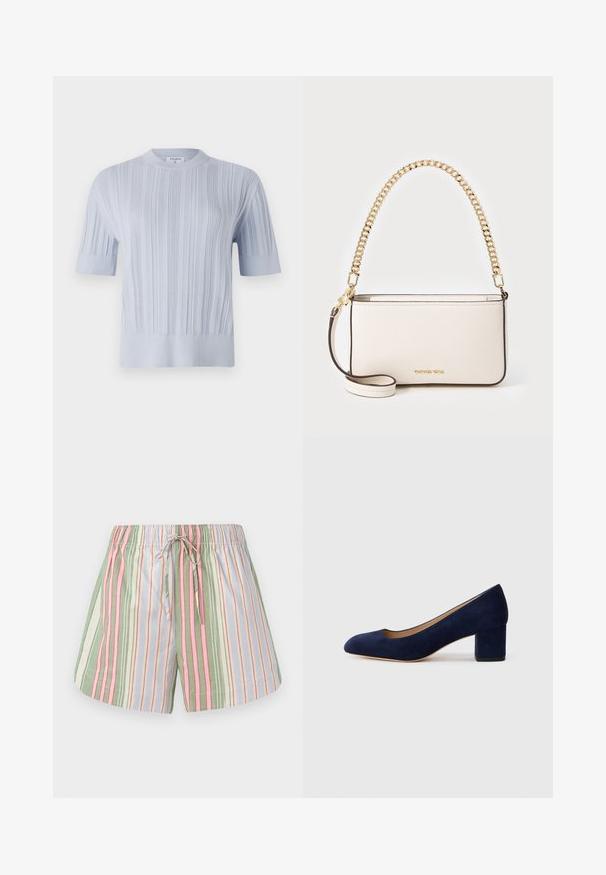 T-shirt tricot à manches courtes de couleur bleu clair, présentant une texture en côtes verticales et un col rond. Le tissu révèle des détails subtils avec une finition ajustée.; Shorts en coton rayés avec une taille à cordon. Comprend des lignes verticales vertes, roses, violettes et crème. Texture douce, coupe décontractée.; Escarpin en daim bleu marine avec un bout pointu et un talon bloc de hauteur intermédiaire. Texture lisse avec un subtil éclat et une petite découpe à l'avant.; Sac à main en cuir blanc avec une finition texturée, doté d'une chaîne en or et d'une bandoulière amovible. Logo embossé à l'avant.