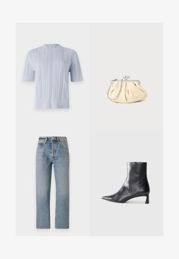 Šviesiai mėlynas trumpas rankovėmis megztinis su vertikaliu raukšlėtu raštu ir apvaliu iškirpimu. Audinys turi subtilių detalių su prigludusiu apvadu.; Šviesiai mėlynos džinsinės kelnės su tiesia siluetu, aukštu juosmeniu ir klasikinio penkių kišenių dizainu. Yra subtilus išblukimas ir užtrauktukas.; Juodas odinis kulkšninis batas su smailiu pirštu ir elegantišku dizainu. Turi žemą kulną ir užtrauktuką gale. Lygi tekstūra.; Plyšiniai smėlio spalvos odiniai rankinukai su sidabriniu metaliniu rėmu, turintys du apvalius dekoratyvinius užtrauktukus ir sidabrinę grandinėlę.