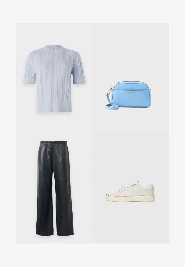 Svetlo modra kratkozaprstna pletena majica z vertikalno rebrasto teksturo in okroglim izrezom. Tkanina prikazuje subtilne detajle z ožjim robom.; Črne široke hlače iz umetnega usnja z elastičnim pasom, ki se ponašajo z gladko teksturo in čistim šivanjem.; Off-white nizki športni copat z vezalnim dizajnom, belim notranjim oblogo in subtilnim večbarvnim obrobjem ob robu podplata, stranski pogled.; Svetlo modra usnjena torba čez ramo z zlatimi dodatki, zadrgo in sprednjo žepko. Ima nastavljiv trak za udobje.
