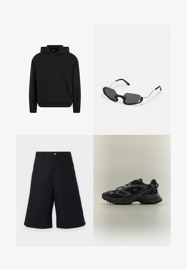 Černá mikina s kapucí vyrobená z měkké tkaniny, se přední klokaní kapsou, žebrovanými manžetami a stahovací kapucí. Klasický a univerzální design.; Černé bavlněné šortky s rovnými nohavicemi, předními kapsami, zapínáním na knoflík a texturou vhodnou pro volnočasové nošení.; Černá sportovní bota s síťovinovými panely, texturovanou podrážkou, šněrováním a zakřiveným tvarem s stříbrnými akcenty po stranách.; Černé sluneční brýle s jedinečným tvarovaným štítem, vybavené tmavými skly a tenkými stříbrnými kovovými nohami. Rámečky mají zaoblené akcenty a výrazný design.