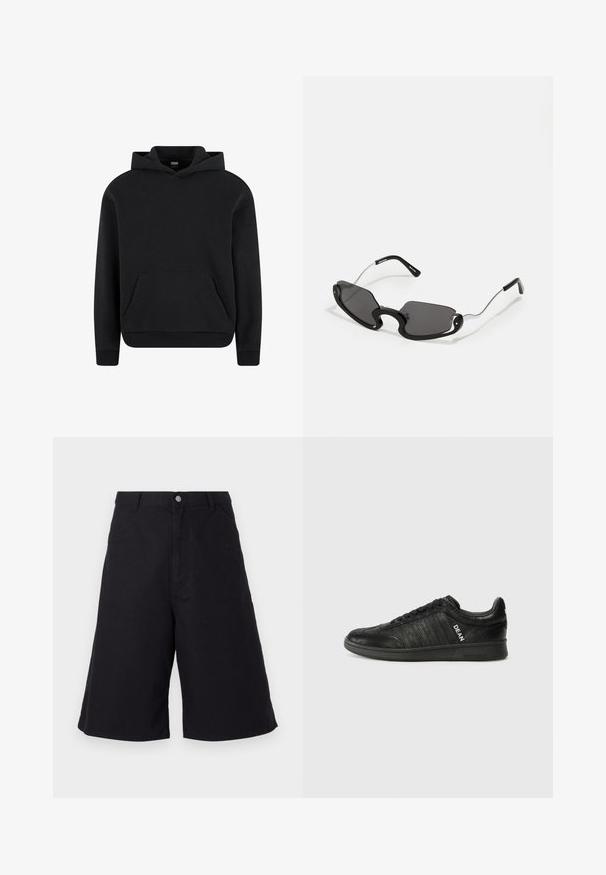 Melns kapuce, kas izgatavota no mīkstas auduma, ar priekšējo kangaroo kabatu, ribinātām piedurknēm un kapuci ar aukliņu. Klasisks un daudzpusīgs dizains.; Melnas kokvilnas šorts ar taisnu griezumu, priekšējām kabatām, pogu aizdari un tekstūru, kas piemērota ikdienas valkāšanai.; Melni sporta apavi no tekstūrētas ādas, ar plakanu zoli, saistību priekšpusi un sānu svītrām ar "DEAN" logo baltā krāsā.; Melni saules brilles ar unikālu vairoga formu, kurām ir tumši lēcas un plānas sudraba metāla kājas. Rāmjiem ir noapaļoti akcenti un drosmīgs dizains.