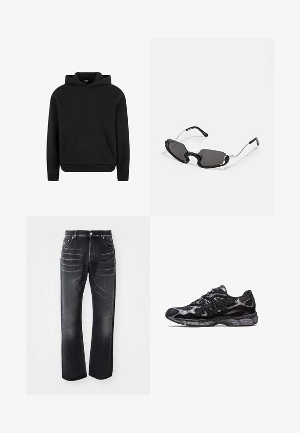 Hanorac negru dintr-un material moale, cu un buzunar frontal tip kangaroo, manșete cu nervuri și o glugă cu șnur. Design clasic și versatil.; Jeans negre din denim cu o croială dreaptă, textură uzată, uzură vizibilă pe coapse și design cu cinci buzunare, dotat cu accesorii metalice.; Cască sportivă neagră cu un superior din plasă și sueded, având un design texturat și o talpă robustă, căptușită de culoare gri.; Ochelari de soare negri cu o formă unică în scut, cu lentile întunecate și brațe subțiri din metal argintiu. Ramă are accente rotunde și un design îndrăzneț.