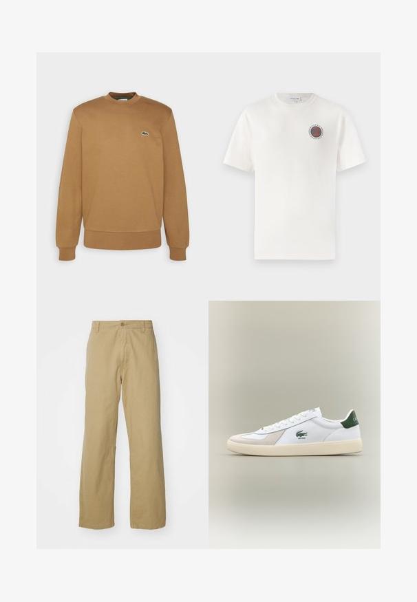 Rjav bombažni pulover s krožnim izrezom, ribastimi manšetami in majhnim zelenim krokodilom na prsih. Gladko teksturo, sproščen kroj.; Bela bomba iz bombaža s kratkimi rokavi, ki ima na levi strani prsnega dela okroglo modro in oranžno "Tennis Heritage" logo.; Khaki bombažne hlače s ravnim krojem, z zapenjanjem spredaj in stranskima žepoma. Gladka, trdna tekstura.; Bela tenisa z zelenimi dodatki, iz semiša in usnja, okrogla konica, teksturiran podplat ter izšit logotip na strani in jeziku.