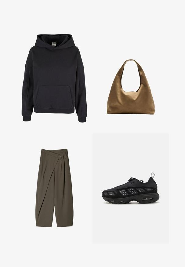 Felpa nera in cotone con una spaziosa tasca a marsupio, cappuccio ampio, polsini e orlo a coste. Design semplice, da infilare, senza motivi visibili.; Pantaloni larghi in tessuto verde oliva scuro, con un design frontale plissettato, chiusura con bottone e una superficie lucida e strutturata.; Scarpa da ginnastica nera con suola ammortizzata, tomaia in rete e dettagli testurizzati. Include un manico e un fermaglio circolare nella parte superiore.; Borsa a spalla in tessuto marrone con un corpo ampio e arrotondato e una grande maniglia a taglio. Texture morbida, design minimalista e senza hardware visibile.