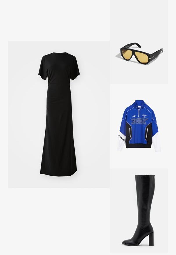 Sweat-shirt zippé bleu et noir avec des accents blancs, arborant le logo "RACING" en lettres grasses, un col montant et deux poches zippées.; Robe maxi noire avec des manches courtes et larges, et un col rond. Texture lisse et design ajusté tombant jusqu'au sol. Silhouette simple et élégante.; Bottes en cuir noir jusqu'au genou avec un bout pointu et un talon épais. Texture lisse avec des accents minimaux et un design de tige ajustée.; Lunettes de soleil noires avec une monture géométrique, verres jaunes et accents dorés sur les branches. Texture lisse, forme large, design contemporain.