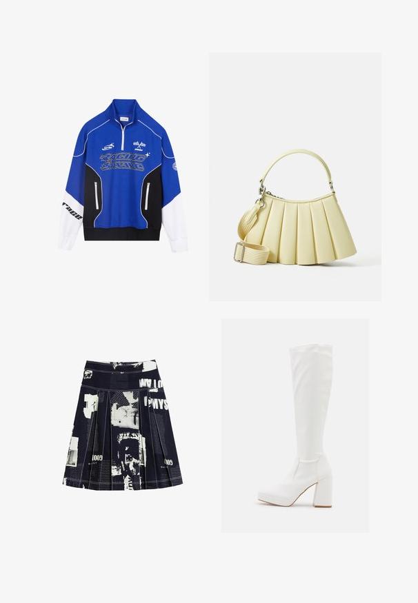 Sweat-shirt zippé bleu et noir avec des accents blancs, arborant le logo "RACING" en lettres grasses, un col montant et deux poches zippées.; Jupe plissée noire ornée d'un collage de textes et de graphiques blancs, avec des coutures contrastées et une taille pour un ajustement sur mesure.; RAID CANNON - Bottes à plateau - white; Sac à main plissé en matériau jaune doux avec une poignée courbée. Dispose d'une sangle amovible et réglable, et présente une texture lisse avec un minimum de quincaillerie.