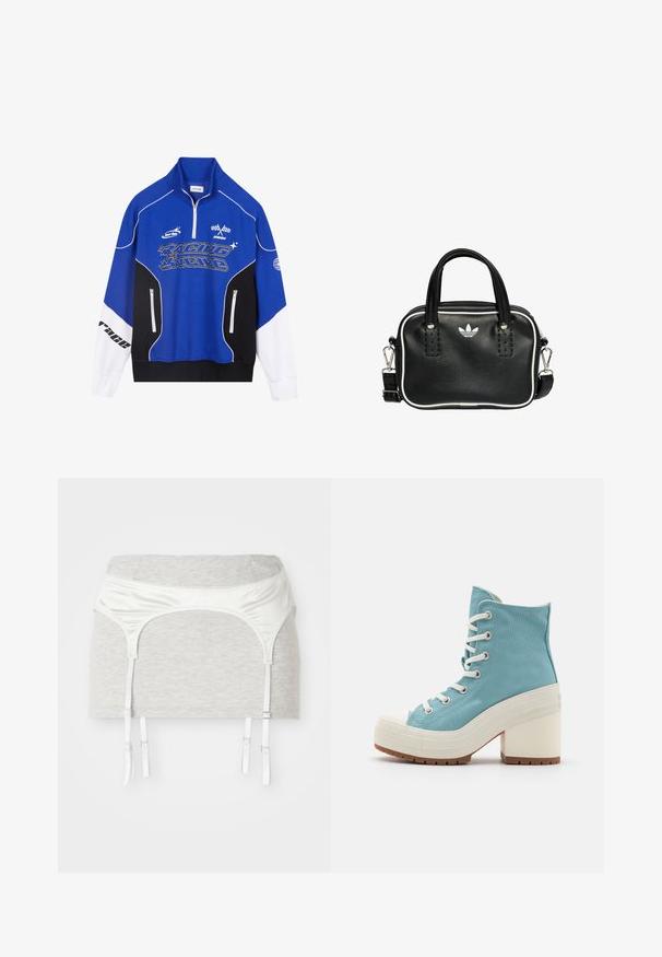 Blue and black zip-up sweatshirt with white accents, featuring "RACING" logo in bold font, high collar, and two zippered pockets.; Grey cotton fabric garment with a satin white waistband and four adjustable ribbons for garter purpose. Smooth texture, fitted design.; Light blue canvas high-top sneakers with white laces, rubber toe cap, and a chunky white heel. Textured sole for grip.; Black leather handbag with two short handles, silver hardware, white accents, and a white logo. Features a textured surface and compact design.
