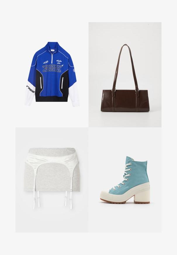 Kék és fekete, cipzáros pulóver fehér díszítéssel, amelynek mitt az "RACING" logója vastag betűkkel, magas gallérja és két cipzáras zsebe van.; Szürke pamut anyagból készült ruhadarab, selyemfehér derékpánttal és négy állítható szalaggal a harisnyatartó céljára. Simaság és testhezálló dizájn jellemzi.; Világoskék vászon magasszárú sportcipők fehér fűzővel, gumírozott orral és tömör fehér sarokkal. Mintás talp a tapadásért.; Barna lakkbőr kézitáska, téglalap alakú, két hosszú fogantyúval és finom ívelt díszítéssel az elején.