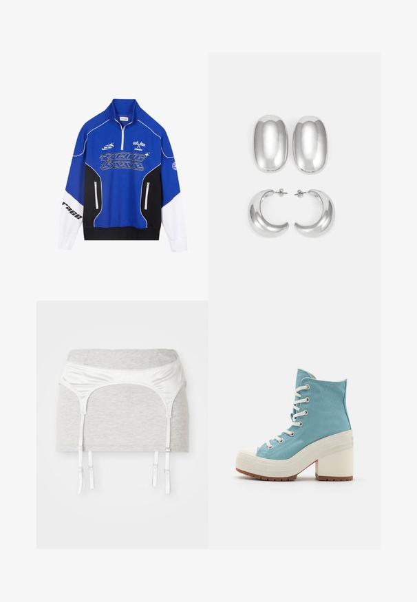 Sudadera azul y negra con cremallera, con acentos en blanco, que presenta el logo "RACING" en fuente negrita, cuello alto y dos bolsillos con cremallera.; Prenda de tela de algodón gris con un cinturón de satén blanco y cuatro cintas ajustables para sujeción. Textura suave, diseño ajustado.; Zapatillas altas de lona color azul claro con cordones blancos, puntera de goma y un tacón blanco grueso. Suela texturizada para un mejor agarre.; Conjunto de aretes de color plateado: dos pendientes ovalados y dos aros en forma de media luna, con un acabado brillante y suave y un diseño redondeado.
