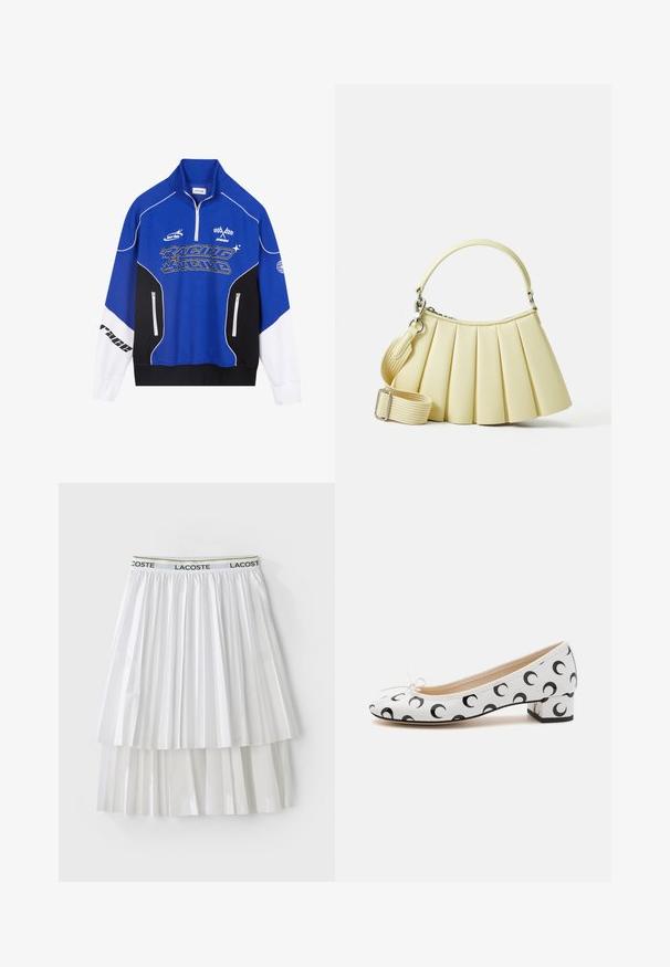 Sudadera azul y negra con cremallera, con acentos en blanco, que presenta el logo "RACING" en fuente negrita, cuello alto y dos bolsillos con cremallera.; Falda blanca con pliegues y un diseño texturizado, que presenta una cinturilla elástica con logotipo. El material tiene un acabado suave con segmentos en capas.; Bailarina blanca con puntera redondeada, que presenta un patrón de luna creciente negra, un pequeño tacón y un lazo en la parte delantera.; Bolso plisado de material suave en color amarillo claro con un asa curva. Cuenta con una correa ajustable y removible, y una textura suave con mínimo hardware.