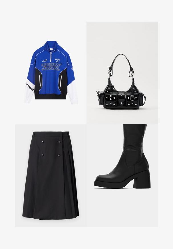 Sweat-shirt zippé bleu et noir avec des accents blancs, arborant le logo "RACING" en lettres grasses, un col montant et deux poches zippées.; The Kooples JUPE - Jupe trapèze - black; Botte en cuir noire mi-mollet avec un large talon bloc et un bout arrondi, montrant le profil latéral sur fond blanc.; Sac à main en cuir noir au design courbé, avec des clous en argent, une boucle et deux poches latérales. Bandoulière réglable pour différentes options de transport.