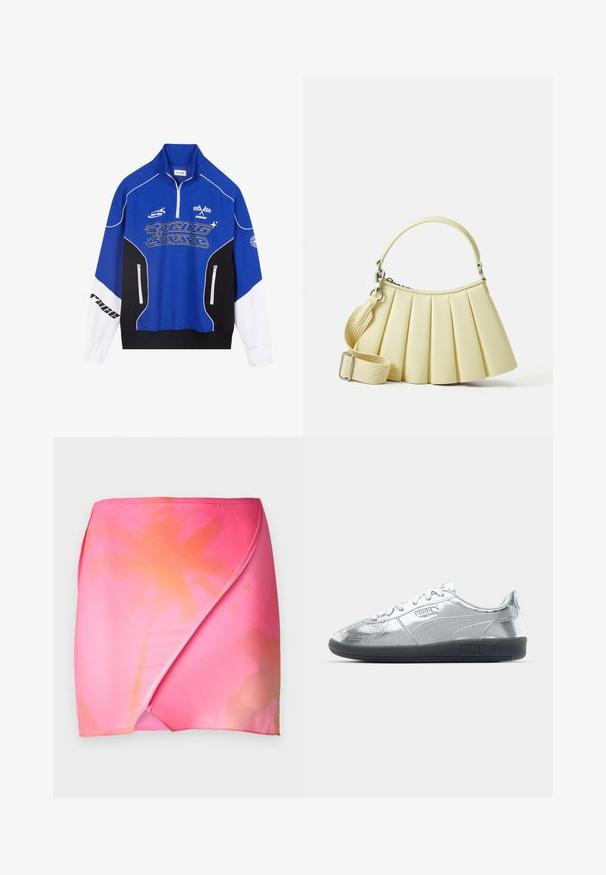 Sudadera azul y negra con cremallera, con acentos en blanco, que presenta el logo "RACING" en fuente negrita, cuello alto y dos bolsillos con cremallera.; Falda envolvente de gradiente rosa con tejido suave y elástico, con un efecto ombre que va del rosa vibrante al naranja suave. Diseño de cinturilla simple.; Zapatillas plateadas con una parte superior lisa y reflectante, que presentan suelas de goma negras y un diseño clásico de cordones. Logo de Puma en el lateral.; Bolso plisado de material suave en color amarillo claro con un asa curva. Cuenta con una correa ajustable y removible, y una textura suave con mínimo hardware.