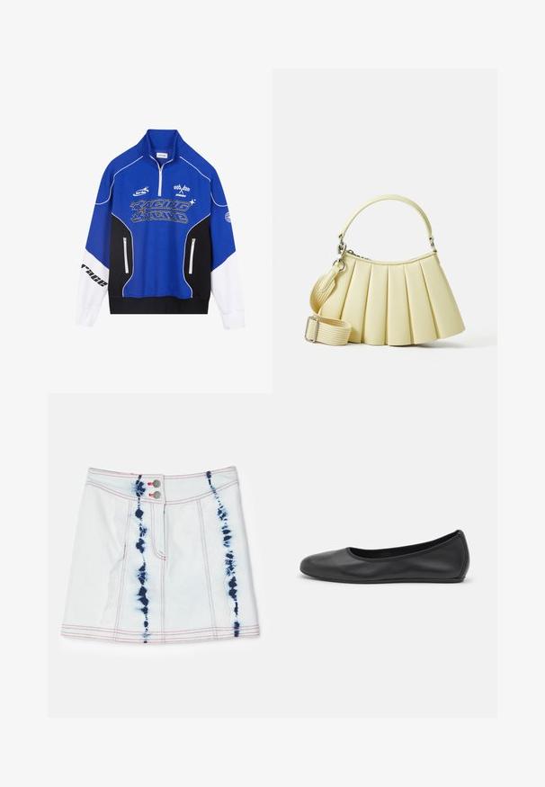 Blauw en zwart ritsvest met witte accenten, voorzien van het 'RACING' logo in vetgedrukte letters, hoge kraag en twee ritszakken.; Denim mini-rok in lichtblauw met tie-dye patronen in donkerblauw. Bevat rode steken en twee voorknopjes. Korte lengte met een slim fit.; Zwarte leren ballerina met een ronde neus, gladde textuur, minimale stikdetails en een flexibele zoolontwerp.; Geverfde handtas in zachtgele stof met een gebogen handvat. Voorzien van een afneembare en verstelbare schouderband en een gladde textuur met minimale hardware.