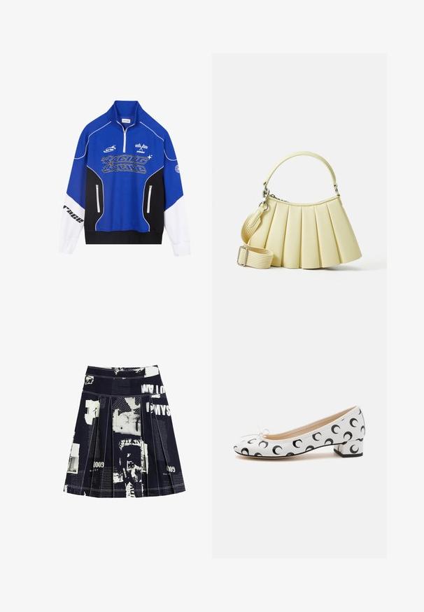 Sininen ja musta vetoketjullinen huppari, jossa valkoiset yksityiskohdat. Hupparissa on "RACING"-logo vahvassa fontissa, korkea kaulus ja kaksi vetoketjullista taskua.; Musta pleat-hame, jossa on valkoista tekstiä ja grafiikkoja yhdistävä kollaasimuotoilu, kontrastiväriset ompeleet ja vyötärö, joka takaa istuvan istuvuuden.; Valkoinen ballerinakenkä, jossa on pyöristetty kärki, musta kuun sirppi -kuvio, pieni korko ja nauhaetuna edessä.; Pleated handbagi pehmeast kollasest materjalist, millel on kumer käepide. Omab eemaldatavat ja reguleeritavat rihma ning sujuvat tekstuuri minimaalsete riistadega.