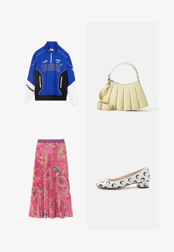 Sininen ja musta vetoketjullinen huppari, jossa valkoiset yksityiskohdat. Hupparissa on "RACING"-logo vahvassa fontissa, korkea kaulus ja kaksi vetoketjullista taskua.; Vaaleanpunainen laskostettu hame, jossa on kukka- ja paislekuvioita, sekä kontrastivärinen turkoosi raitahalkio. Valmistettu kevyestä kankaasta.; Valkoinen ballerinakenkä, jossa on pyöristetty kärki, musta kuun sirppi -kuvio, pieni korko ja nauhaetuna edessä.; Pleated handbagi pehmeast kollasest materjalist, millel on kumer käepide. Omab eemaldatavat ja reguleeritavat rihma ning sujuvat tekstuuri minimaalsete riistadega.
