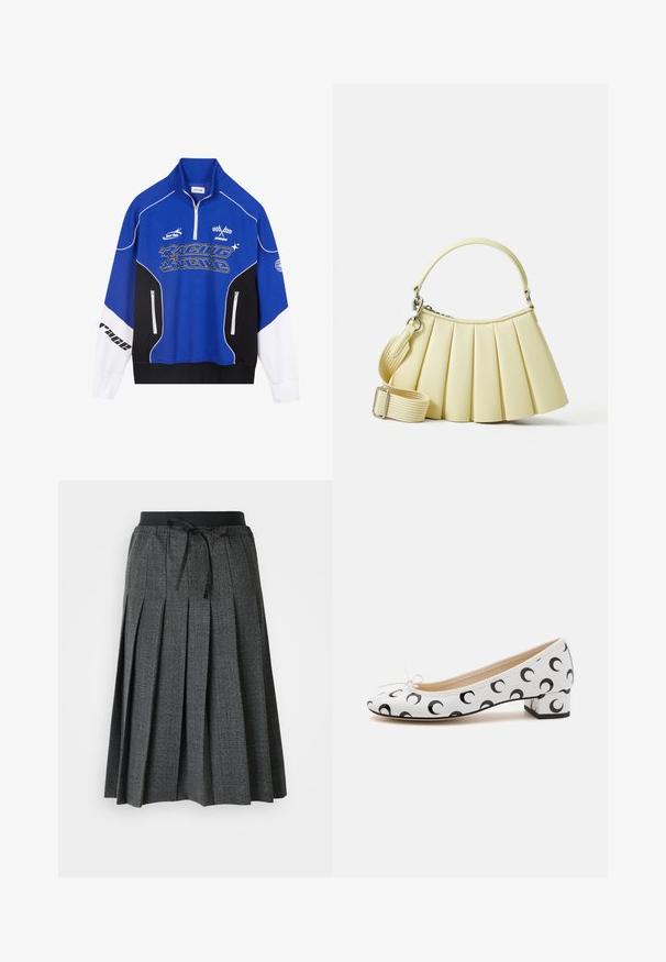 Kék és fekete, cipzáros pulóver fehér díszítéssel, amelynek mitt az "RACING" logója vastag betűkkel, magas gallérja és két cipzáras zsebe van.; Szürke, plisszírozott szoknya texturált kockás mintával, fekete rugalmas derékpánttal és díszítő nyakkendővel az elején.; Fehér balettcipő lekerekített orral, fekete félhold mintával, kis sarkával és elöl masnival díszítve.; Szalagos kézitáska puha sárga anyagból, ívelt fogantyúval. Levehető, állítható pánttal rendelkezik, sima tapintású és minimális fém alkatrészekkel.