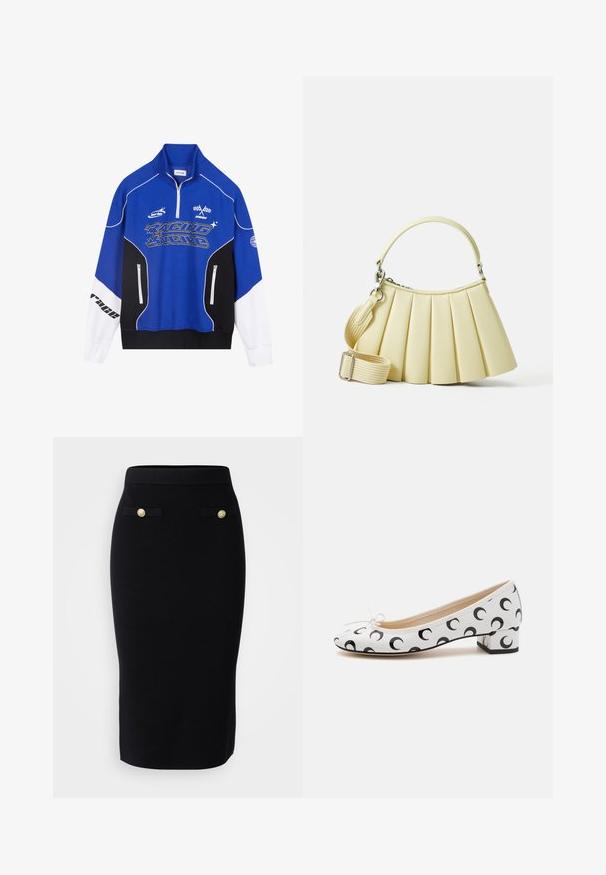 Mėlynas ir juodas užtrauktuku užsegamas džemperis su baltomis detalėmis, turintis "RACING" logotipą drąsiu šriftu, aukštu apykakliu ir dviem užtrauktukais užsegamomis kišenėmis.; Vero Moda Tall VMSABA LENGHT SKIRT  - Pieštukinis sijonas - black; Baletas baltos spalvos su apvaliu pirštu, papuoštos juodu pusmėnulio raštu, su nedideliu kulneliu ir kaspinu priekyje.; Gofruotas rankinė švelnios geltonos spalvos medžiagos su lenktu rankenu. Apima nuimamą, reguliuojamą petnešą ir sklandžią tekstūrą su minimaliais aksesuarais.