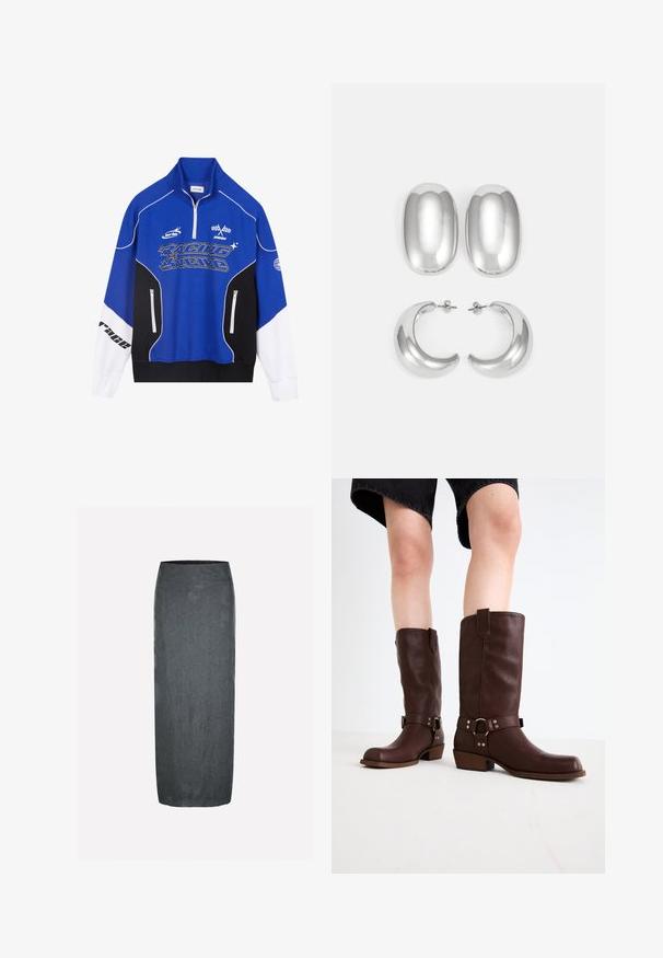 Modrá a čierna zipsová mikina s bielymi akcentmi, s logom "RACING" v tučnom písmene, vysokým golierom a dvoma zipsovými vreckami.; Tmavo šedá midi sukňa s hladkou textúrou a kvetinovým reliéfom. Má priliehavý vysoký pás a jednoduchý, elegantný siluetu.; Hnedé kožené vysoké čižmy s okrúhlou špičkou, štruktúrovaným povrchom, opaskom okolo členka a detailmi zo strieborného kovu; s vysokým podpätkom.; Súprava strieborných náušníc: dva oválne pecky a dva polkruhové kruhy, s lesklým, hladkým povrchom a zaobleným tvarom.