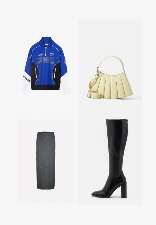 Blau-schwarzer Reißverschluss-Pullover mit weißen Akzenten, ausgestattet mit dem Schriftzug "RACING" in fetter Schrift, hohem Kragen und zwei Reißverschlusstaschen.; Dunkelgrauer Midirock mit glatter Textur und floralem Prägungsmuster. Er zeichnet sich durch eine figurbetonte, hohe Taille und eine schlichte, elegante Silhouette aus.; Knielange schwarze Lederstiefel mit spitzer Zehe und klobigem Absatz. Glatte Textur mit minimalen Akzenten und einem enganliegenden Schaftdesign.; Faltenhandtasche aus weichem, gelbem Material mit einem geschwungenen Griff. Verfügt über einen abnehmbaren, verstellbaren Gurt und eine glatte Textur mit minimalem Zubehör.
