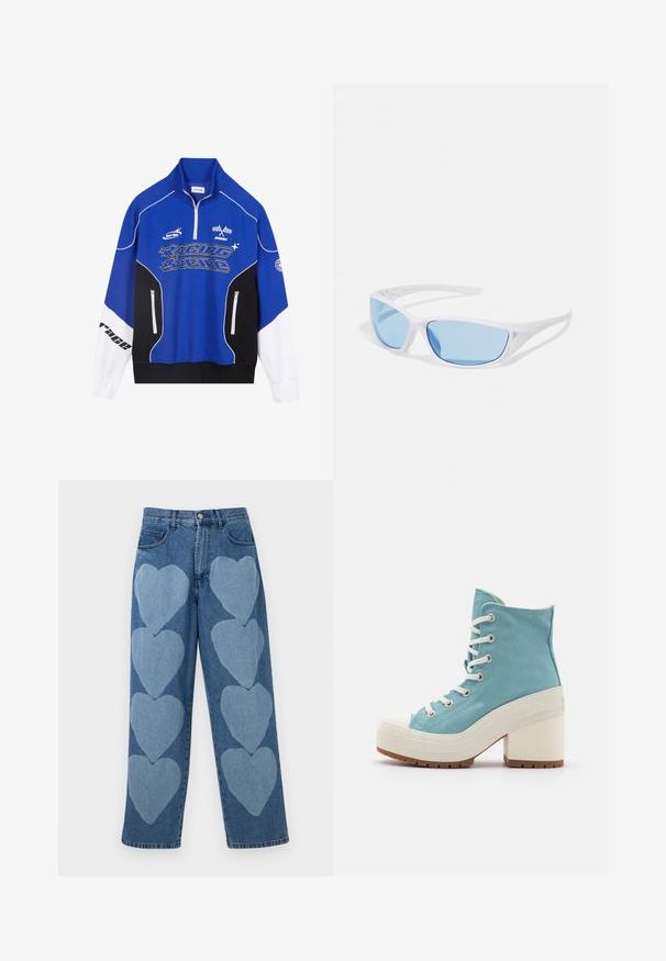 Niebieska i czarna bluza rozpinana z białymi akcentami, z logo "RACING" w wyraźnym foncie, wysokim kołnierzem i dwiema kieszeniami zapinanymi na zamek.; Czarny sportowy top na krótki rękaw z wysokim dekoldem, zestawiony z czarnymi szortami o szerokim pasie i bocznymi detalami.; Dżinsy z luźnym krojem, ozdobione naszytymi jasnoniebieskimi wzorami serc z przodu, pięcioma kieszeniami i zapięciem na guzik.; Jasnoniebieskie płótniowe trampki typu high-top z białymi sznurowadłami, gumowym noskiem i masywnym białym obcasem. Teksturowana podeszwa zapewniająca przyczepność.; Białe okulary przeciwsłoneczne z niebieskimi, lustrzanymi soczewkami. Oprawa jest gładka i sportowa w designie, charakteryzuje się owijającym stylem i stylowymi akcentami na zausznikach.