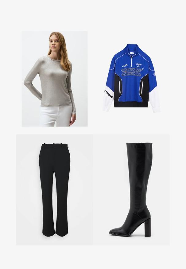 Felpa blu e nera con zip, dettagli bianchi, logo "RACING" in carattere grassetto, colletto alto e due tasche con zip.; Top argentato a maniche lunghe con una texture liscia e scollatura rotonda, abbinato a pantaloni bianchi con una vestibilità attillata.; Pantaloni neri su misura con una finitura liscia, design a gamba dritta e una cintura. Presentano dettagli di cucitura discreti e nessuna tasca.; Stivali in pelle nera al ginocchio con punta affilata e tacco spesso. Scrittura liscia con minimi dettagli e design della gamba aderente.