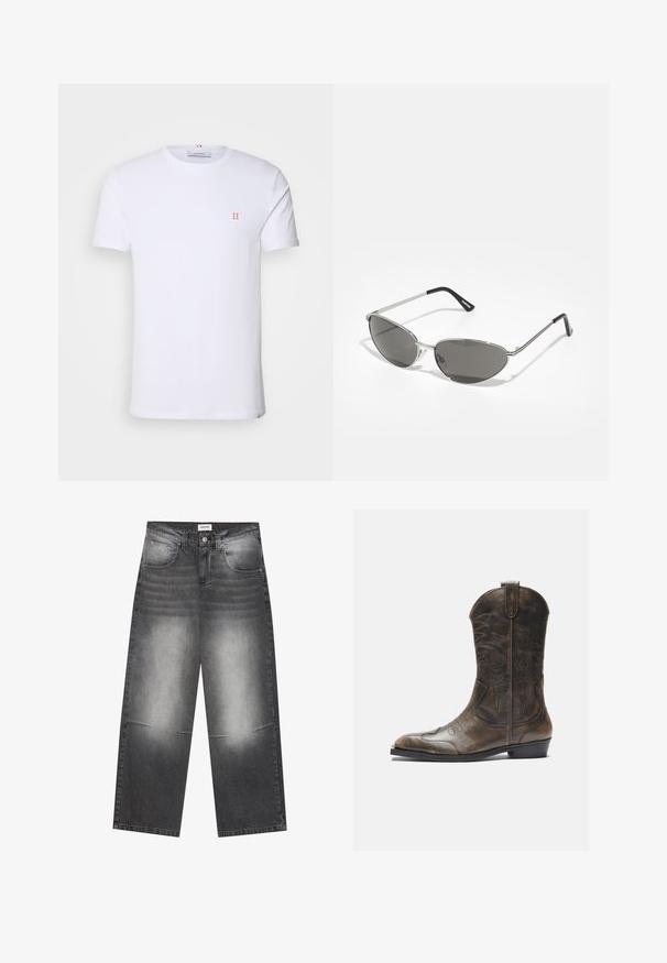 Blå og svart zip-up hettegenser med hvite detaljer, med "RACING" logo i fet skrift, høy krage og to glidelåslommer.; Hvit bomulls t-skjorte med korte ermer, med en liten oransje "II" logo på venstre bryst og rund hals. Enkelt design og tekstur.; Vide ben svarte denimjeans med en falmet grå finish, med frontlommer, knappelukking og lett slitasje på knærne.; Brune lær cowboy støvler med høy skaft, spiss tå, intrikate broderimønstre og en liten hæl. Teksturert finish overalt.; Solbriller med en slank, sølvmetallisk ramme, gråtonede linser og et aerodynamisk design med spisse kanter og tynne armer.