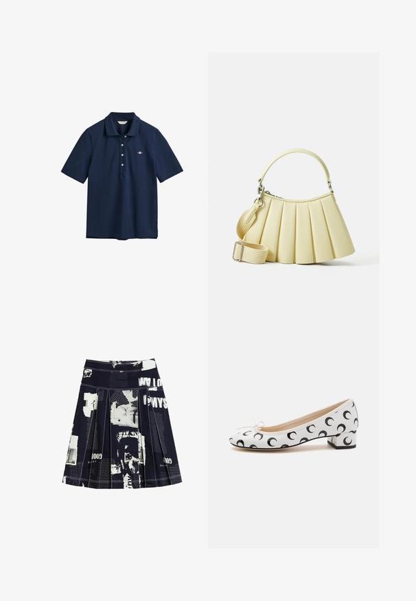 Modrá a čierna zipsová mikina s bielymi akcentmi, s logom "RACING" v tučnom písmene, vysokým golierom a dvoma zipsovými vreckami.; Námořnicky modrá polo košeľa vyrobená z bavlny, s klasickým golierom, trojicou gombíkov a malým logom vyšitým na hrudi.; Čierna plisovaná sukňa s kolážou bieleho textu a grafiky, s kontrastným prešívaním a elastickým pásom pre prispôsobený strih.; Biele baletky s okrúhlym špičkou, s čiernym vzorom polmesiaca, malým opätkom a mašľou na prednej strane.; Záhybová kabelka z mäkkej žltej látky s zakrivenou rukoväťou. Obsahuje odnímateľný nastaviteľný popruh a hladký povrch s minimálnym kovovým doplnkom.