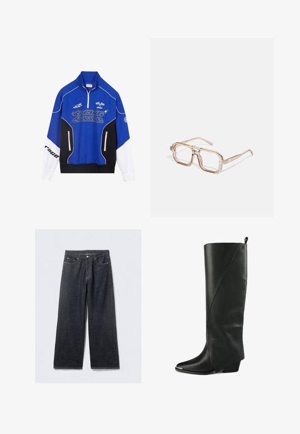 Blå og sort lynlås sweatshirt med hvide detaljer, som har "RACING" logo i fed skrift, høj krave og to lynlåslommer.; Mørke denim brede bukser med høj talje, med kobberfarvede nitter og kontrastsyning, glat tekstur og uden synlige mønstre.; Sorte læderknæhøje støvler med spids tå, vinkelret design, buet sømdetalje og en lav blokhælhøjde.; Gennemsigtige hexagonale briller med lysebrune nuancer; tykke, klare rammer og slanke stænger; ingen synlige logoer eller mønstre.; Sort læder håndtaske med en sammensamlet design, korte, rundede håndtag og en aftagelig skulderrem. Glat tekstur med en blød silhuet.