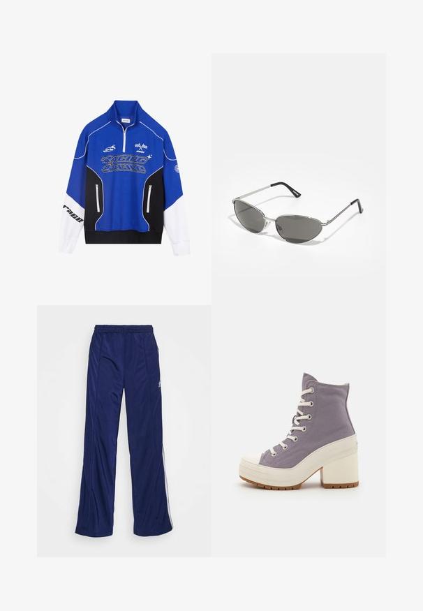 Modrá a černá zipová mikina s bílými akcenty, s logem "RACING" v tučném písmu, vysokým límcem a dvěma zipovými kapsami.; Námořnické sportovní kalhoty s elastickým pasem, rovnými nohavicemi a bočními zipy. Na bocích mají bílé lemování. Hladká textilie.; Fialové plátěné kotníkové boty s bílými tkaničkami, gumovou špičkou a masivními bílými podpatky. Texturovaná gripová podrážka pro lepší přilnavost.; Sluneční brýle s elegantním stříbrným kovovým rámem, šedými tónovanými skly a aerodynamickým designem s ostrými hranami a tenkými nožičkami.