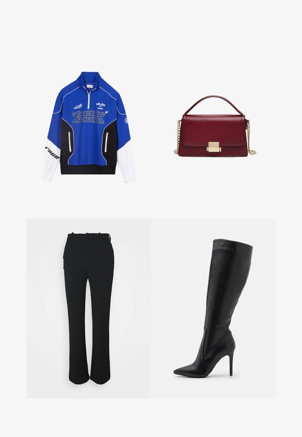 Niebieska i czarna bluza rozpinana z białymi akcentami, z logo "RACING" w wyraźnym foncie, wysokim kołnierzem i dwiema kieszeniami zapinanymi na zamek.; Czarne, dopasowane spodnie z gładkim wykończeniem, prostą nogawką i paskiem w talii. Posiadają subtelne detale w postaci przeszyć i brak kieszeni.; RAID KIYOMI czarny; Bordowa skórzana torebka o wyważonym designie, z zapięciem w kolorze złotym i odpinanym łańcuszkiem. Gładka tekstura i prostokątny kształt.