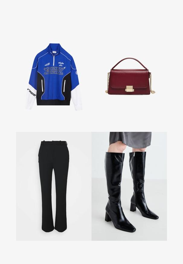 Sininen ja musta vetoketjullinen huppari, jossa valkoiset yksityiskohdat. Hupparissa on "RACING"-logo vahvassa fontissa, korkea kaulus ja kaksi vetoketjullista taskua.; Musta, muotoiltu housut, joissa on sileä viimeistely, suora lahjerakenne ja vyötärö. Ominaisuuksia hienovaraisia ompeluyksityiskohtia ja ei taskuja.; RAID HETTY - Saappaat - black; Bordeaux nahkalaukku, jossa on jämäkkä muotoilu, kultainen varmistuskilpi ja irrotettava ketjuhihna. Sileä pinta ja suorakulmainen muoto.