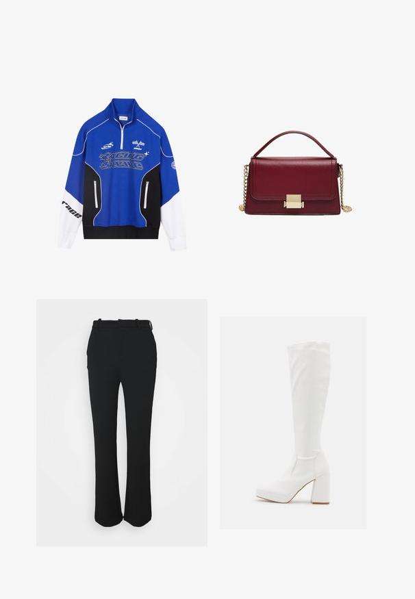 Felpa blu e nera con zip, dettagli bianchi, logo "RACING" in carattere grassetto, colletto alto e due tasche con zip.; Pantaloni neri su misura con una finitura liscia, design a gamba dritta e una cintura. Presentano dettagli di cucitura discreti e nessuna tasca.; RAID CANNON - Stivali con plateau - white; Borsa a mano in pelle bordeaux con un design strutturato, chiusura in metallo dorato e una tracolla a catena rimovibile. Texture liscia e forma rettangolare.