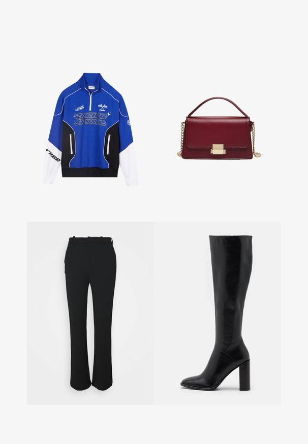 Blau-schwarzer Reißverschluss-Pullover mit weißen Akzenten, ausgestattet mit dem Schriftzug "RACING" in fetter Schrift, hohem Kragen und zwei Reißverschlusstaschen.; Schwarze, maßgeschneiderte Hose mit glatter Oberfläche, geradem Bein-Design und einem Bund. Verfügt über subtile Nähte und keine Taschen.; Knielange schwarze Lederstiefel mit spitzer Zehe und klobigem Absatz. Glatte Textur mit minimalen Akzenten und einem enganliegenden Schaftdesign.; Bordeauxfarbene Lederhandtasche mit strukturiertem Design, goldfarbenem Hardware-Verschluss und abnehmbarem Kettenriemen. Glatte Textur und rechteckige Form.