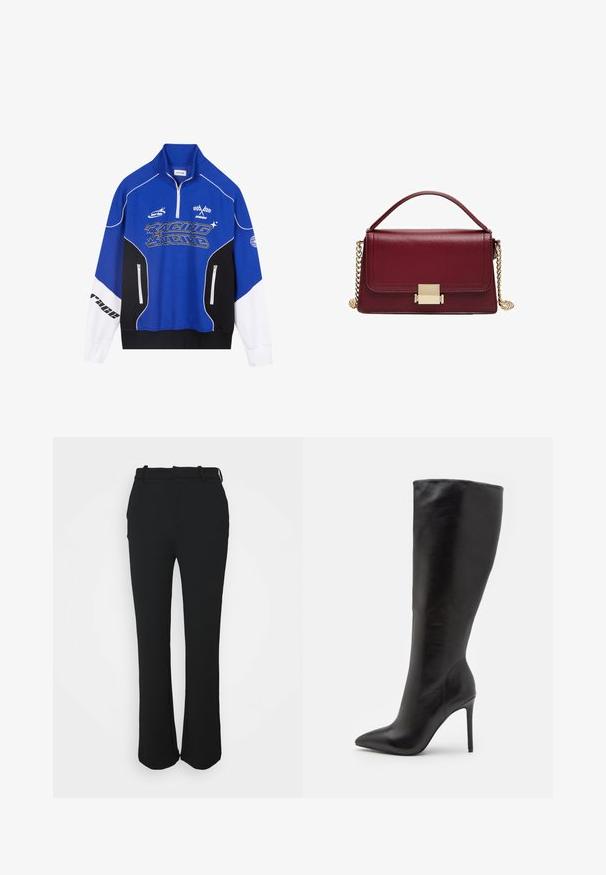 Blue and black zip-up sweatshirt with white accents, featuring "RACING" logo in bold font, high collar, and two zippered pockets.; Black, tailored trousers with a smooth finish, straight leg design, and a waistband. Features subtle stitching details and no pockets.; Black over-the-knee high-heeled boots made of smooth leather, featuring a pointed toe design and a sleek, tapered shaft.; Maroon leather handbag with a structured design, gold hardware clasp, and a removable chain strap. Smooth texture and rectangular shape.