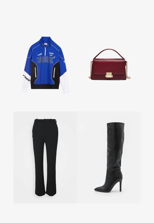Felpa blu e nera con zip, dettagli bianchi, logo "RACING" in carattere grassetto, colletto alto e due tasche con zip.; Pantaloni neri su misura con una finitura liscia, design a gamba dritta e una cintura. Presentano dettagli di cucitura discreti e nessuna tasca.; RAID TALISHA - Stivali alti - black; Borsa a mano in pelle bordeaux con un design strutturato, chiusura in metallo dorato e una tracolla a catena rimovibile. Texture liscia e forma rettangolare.