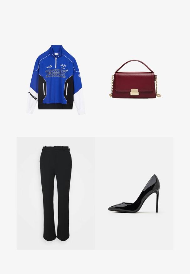 Modrá a čierna zipsová mikina s bielymi akcentmi, s logom "RACING" v tučnom písmene, vysokým golierom a dvoma zipsovými vreckami.; Čierne, strihané nohavice s hladkým povrchom, rovný strih a pás s detailmi jemného šitia a bez vreciek.; Call it Spring MESMERIZE - Klasické lodičky na opätku - other black; Bordová kožená kabelka so štruktúrovaným dizajnom, zlatým zapínaním a odnímateľným reťazovým popruhom. Hladký povrch a obdĺžnikový tvar.