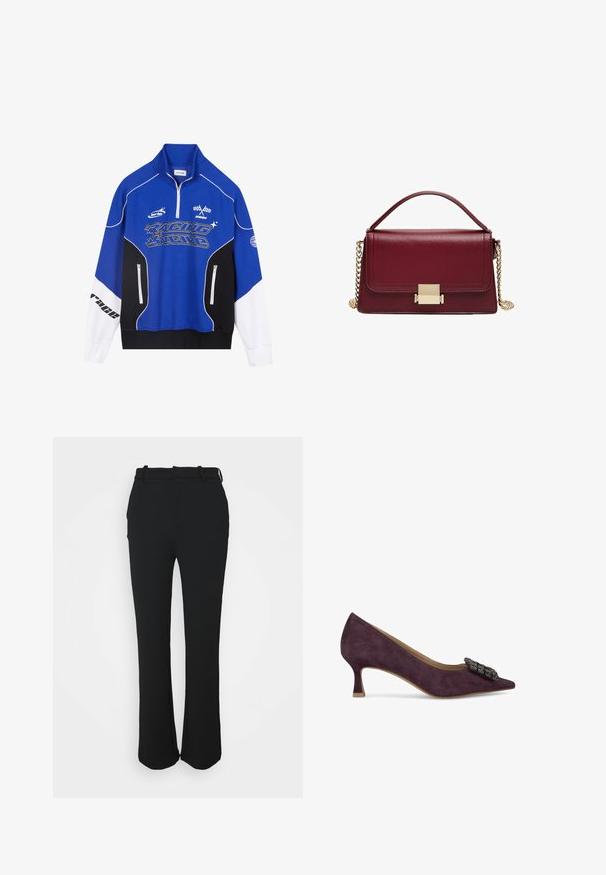 Blau-schwarzer Reißverschluss-Pullover mit weißen Akzenten, ausgestattet mit dem Schriftzug "RACING" in fetter Schrift, hohem Kragen und zwei Reißverschlusstaschen.; Schwarze, maßgeschneiderte Hose mit glatter Oberfläche, geradem Bein-Design und einem Bund. Verfügt über subtile Nähte und keine Taschen.; Lila Wildlederschuh mit spitzem Zeh, niedrigem Absatz und dekorativen schwarzen Beschlägen an der Vorderseite, mit glatter Textur und klassischem Design.; Bordeauxfarbene Lederhandtasche mit strukturiertem Design, goldfarbenem Hardware-Verschluss und abnehmbarem Kettenriemen. Glatte Textur und rechteckige Form.