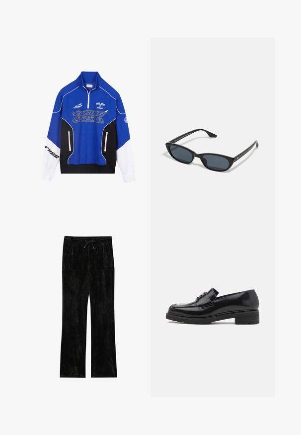 Sweatshirt azul e preto com fecho, com detalhes brancos, apresentando o logótipo "RACING" em fonte negrito, gola alta e dois bolsos com fecho.; Calças de veludo negro com uma textura suave, design de perna larga, cintura elástica, fecho com cordão e dois bolsos frontais.; Sapato loafer de couro preto polido com salto baixo em bloco, bico costurado e detalhe de fivela metálica na parte superior, mostrado em perfil lateral sobre fundo branco.; Óculos de sol preto em formato de olhos de gato com lentes escuras, armação de plástico, hastes finas e uma branding subtil na parte interna da haste. Acabamento mate.