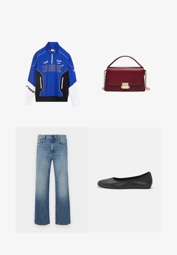 Modrá a černá zipová mikina s bílými akcenty, s logem "RACING" v tučném písmu, vysokým límcem a dvěma zipovými kapsami.; Světle modré džíny s širokými nohavicemi z denimu s vybledlým vzhledem, obsahující zapínání na knoflík a pět kapes.; Černé kožené baletní byty s kulatou špičkou, hladkou texturou, minimálními švy a flexibilním designem podrážky.; Bordeaux kožená kabelka se strukturovaným designem, zlatým kováním a odnímatelným řetízkem. Hladký povrch a obdélníkový tvar.