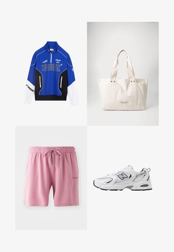 Sininen ja musta vetoketjullinen huppari, jossa valkoiset yksityiskohdat. Hupparissa on "RACING"-logo vahvassa fontissa, korkea kaulus ja kaksi vetoketjullista taskua.; Vaaleanpunaiset shortsit, joissa on pehmeä kangas, joustava vyötärönyöri ja pieni logo sivussa.; Valkoinen urheilushoe, jossa on verkkomateriaali päällä, laivastonsiniset yksityiskohdat ja pehmeä pohja. Varustettu "N"-logolla, nauhoilla ja teksturoidulla yksityiskohdalla sivussa.; Kankaan kantokassi vaaleassa beigevärissä, jossa on kaksi tukevata kahvaa, kontrastivalkoinen reunus ja logo "THE NORTH FACE" mustalla etupuolella.