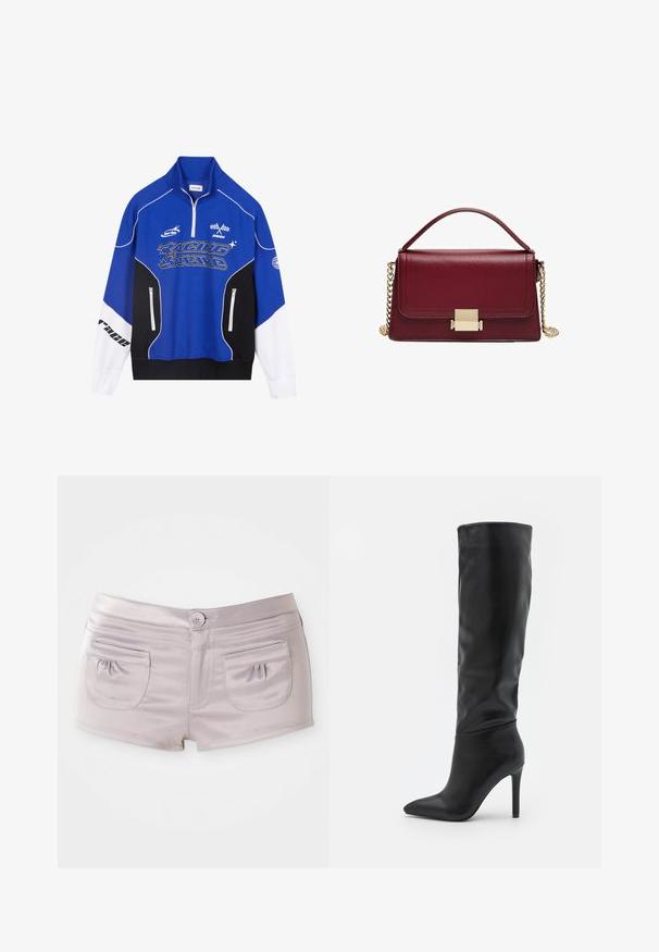 Plavi i crni zip-sup s bijelim naglascima, s "RACING" logom u podebljanom fontu, visokim ovratnikom i dvjema džepovima sa zatvaračem.; Svijetloplave kratke hlače napravljene od glatkog, sjajnog materijala, s dva stražnja džepa i prednjim kopčanjem na dugme uz ravni pojas.; RAID TALISHA - Čizme - black; Bordo kožna torba s strukturiranim dizajnom, zlatnim metalnim kopčanjem i odvojivom lančanom naramenicom. Glatka tekstura i pravokutni oblik.