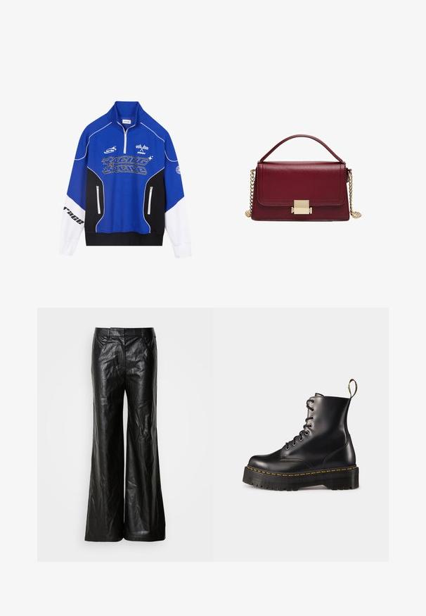 Blue and black zip-up sweatshirt with white accents, featuring "RACING" logo in bold font, high collar, and two zippered pockets.; Black leather wide-leg trousers with a smooth texture, featuring a classic waistband and side pockets. The design is unembellished and sleek.; Black leather lace-up ankle boots with a chunky black sole and yellow stitching. Features a pull tab at the back and circular metal eyelets.; Maroon leather handbag with a structured design, gold hardware clasp, and a removable chain strap. Smooth texture and rectangular shape.