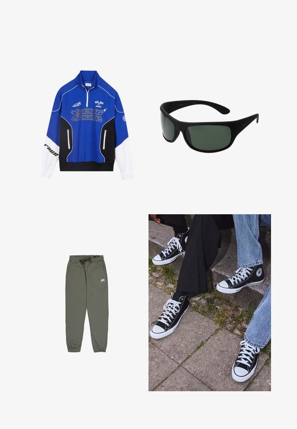 Modrá a černá zipová mikina s bílými akcenty, s logem "RACING" v tučném písmu, vysokým límcem a dvěma zipovými kapsami.; Zelené běžecké kalhoty vyrobené z měkké tkaniny, s elastickým pasem se stahovací šňůrkou, bočními kapsami a malým bílým logem na stehně.; Černé kanvasové tenisky s vysokým střihem, bílé gumové podrážky a tkaničky, s kulatým logem na boku a spárované s džíny a černými kalhotami.; Černé sluneční brýle ve stylu wraparound s tmavě zelenými skly. Matný povrch, zakřivený design, rovné nožičky a decentní značení na straně.; Sada sedmi stříbrných prstenů s různými vzory, včetně zamotaných, propletených a rytých motivů. Různé tvary a šířky.